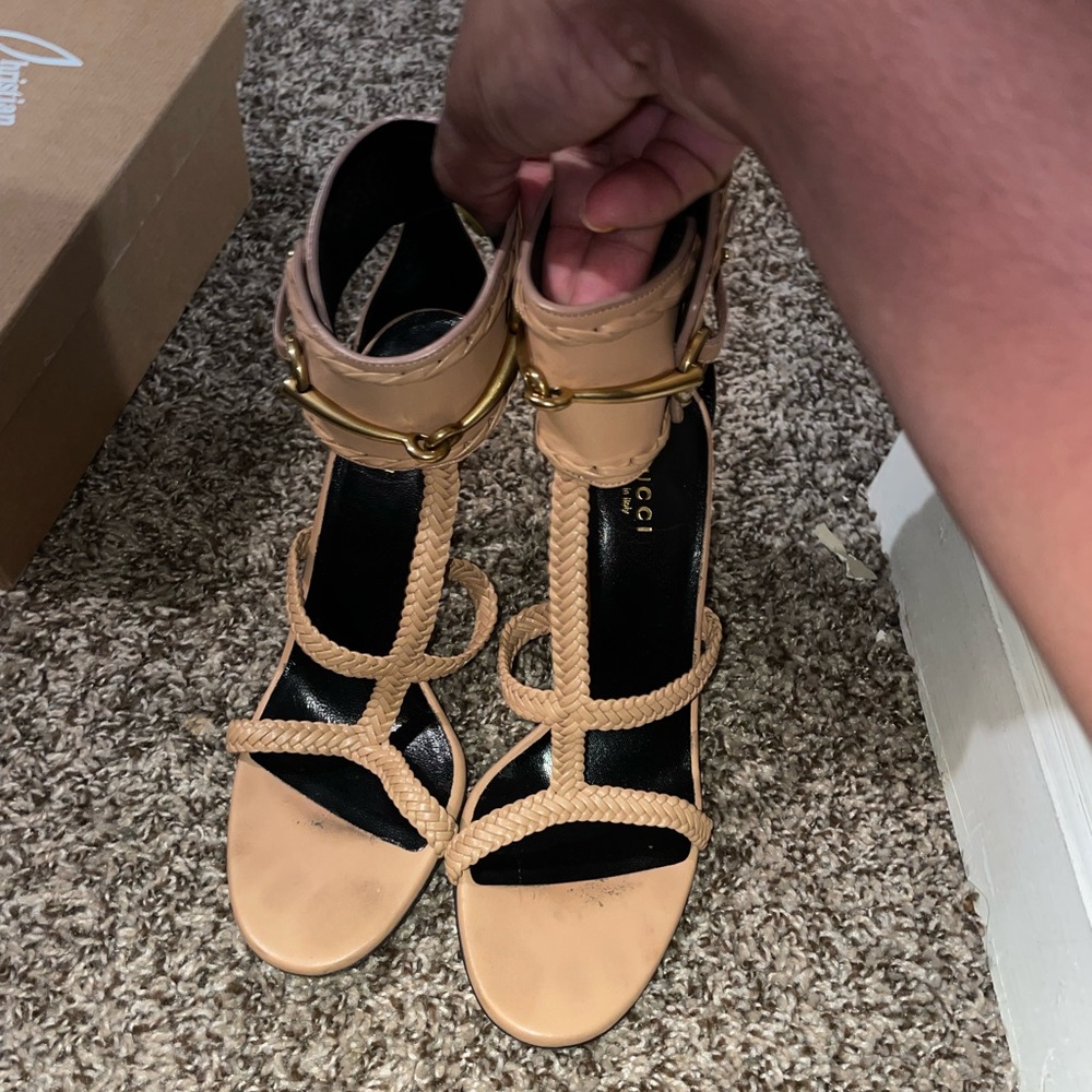Gucci Beige Braided Strap High Heel Sandals with Gold Hardware